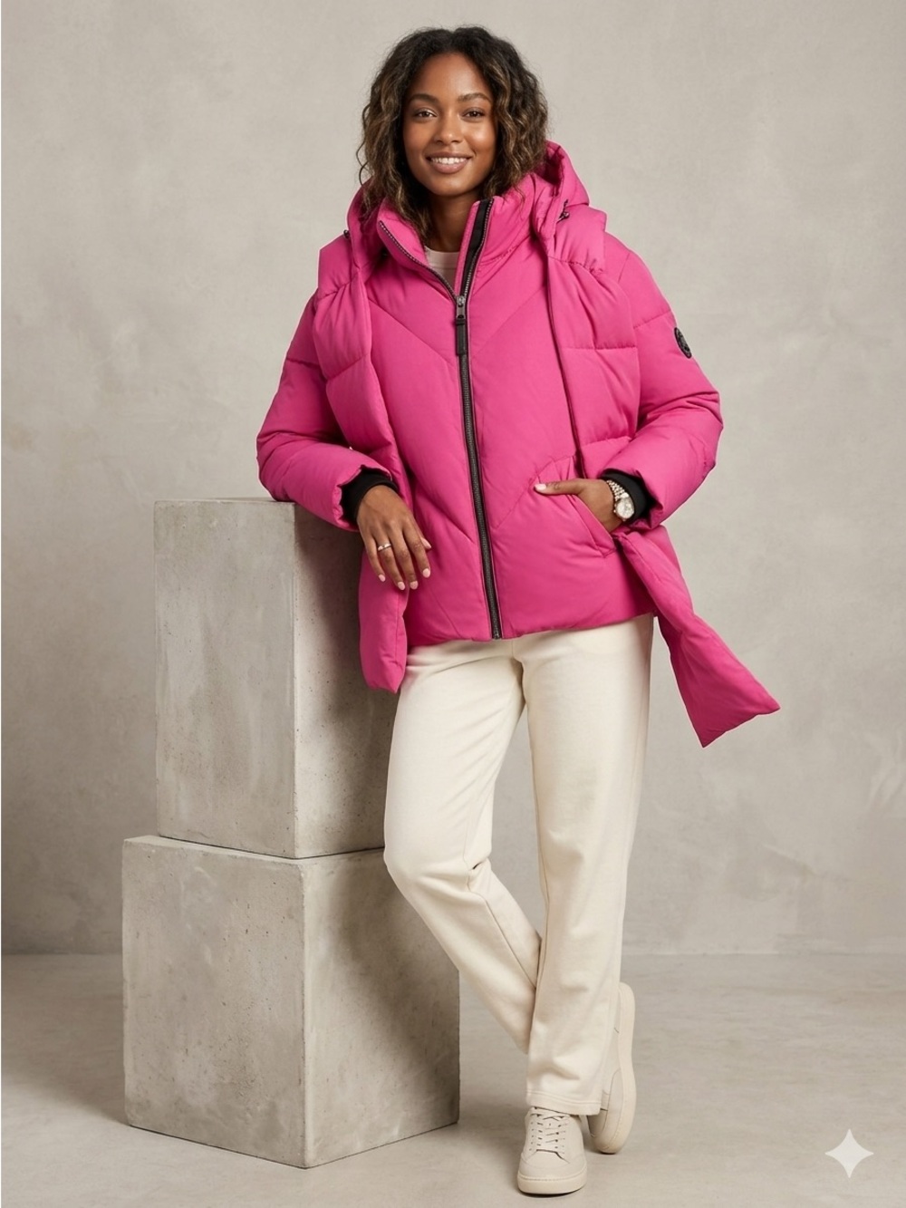 DKNY Hot Pink Fuchsia Quilted Puffer Jacket Hooded Scarf Coat XS
